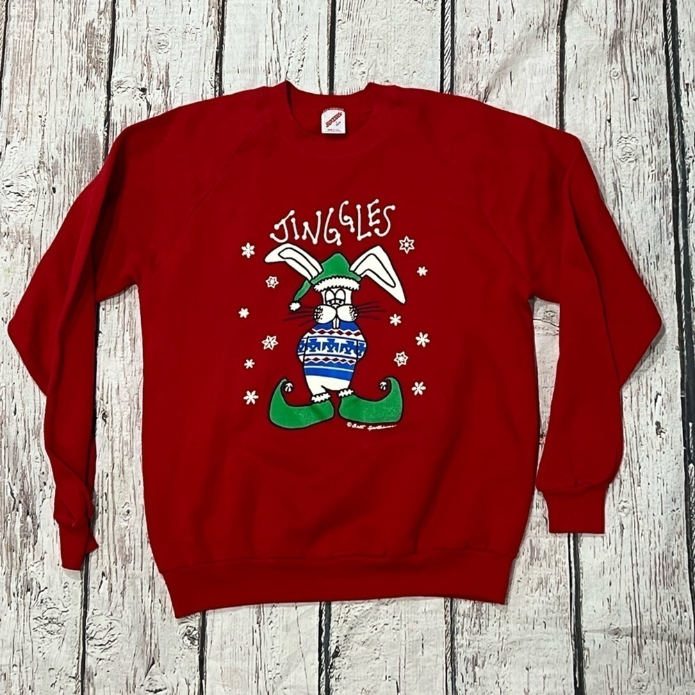 Vintage 1980s Jinggles Bunny Ugly Christmas Xmas 80s Red Pullover Sweatshirt